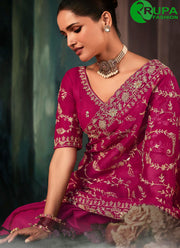 Lovely Pink Color Faux Crepe Trendy Saree with Aari and Embroidered Work